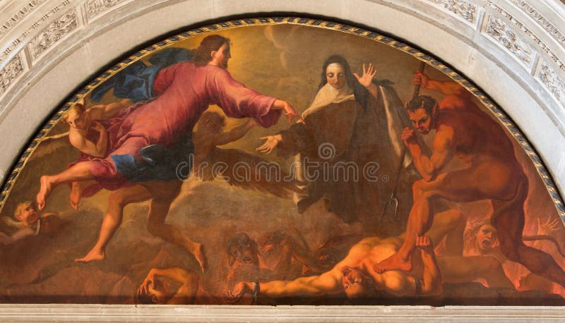 BRÍXIA, ITÁLIA, 2016: O St Theresa de pintura de Avila& x27; visão de s do inferno em Chiesa di San Pietro em Olvieto fotos de stock BRÍXIA, ITÁLIA, 2016: O St Theresa de pintura de Avila& x27; visão de s do inferno em Chiesa di San Pietro em Olvieto fotos de stock