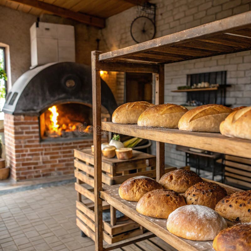 Bröd med färsk botten i Rustic bakery med traditionell ugn. Livsmedelsbakgrund vektor illustrationer