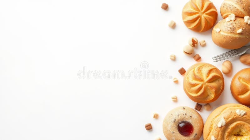 Brödrullar, färdigt bakade, på vit yta stock illustrationer