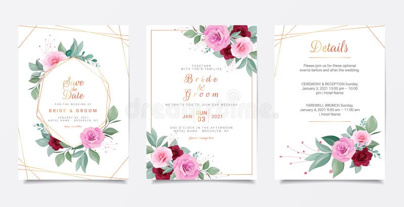 Bröllopekortmall med geometrisk florram och guldlinjekant Rosor och blad botaniska illustrationer för royaltyfri illustrationer