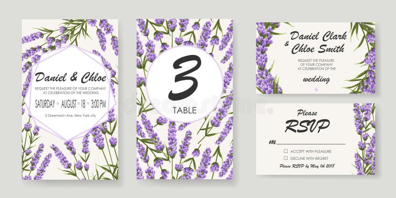 Bröllopinbjudan med lavendel elegant illustrationvektor stock illustrationer Bröllopinbjudan med lavendel elegant illustrationvektor stock illustrationer