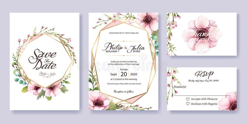 Bröllopinbjudan, sparar datumet, tacka dig, rsvpkortmall royaltyfri illustrationer Bröllopinbjudan, sparar datumet, tacka dig, rsvpkortmall royaltyfri illustrationer