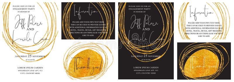 Bröllopinbjudankort med den drog guld- handen texturerar bakgrund och den guld- linjen designvektor stock illustrationer