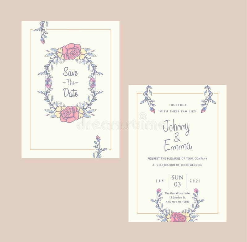 Bröllopsinbjudningskortmallar med blomsterritad linje med digital färg royaltyfri illustrationer