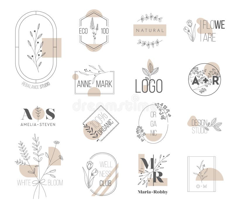 Bröllopsmonogram minimalistisk florlogotyp blommar moderna insamlingsmallar för inbjudningskort sparar datumet vektor illustrationer
