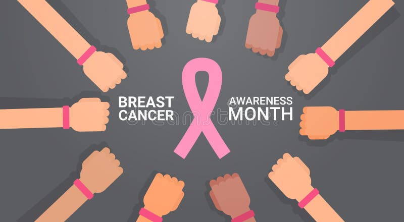 Bröstcancerdaggrupp av händer med det rosa kortet för hälsning för affisch för förhindrande för bandsjukdommedvetenhet stock illustrationer Bröstcancerdaggrupp av händer med det rosa kortet för hälsning för affisch för förhindrande för bandsjukdommedvetenhet stock illustrationer