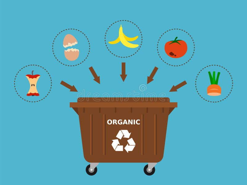 Brązowy śmietnik przemysłowy do odpadów organicznych, takich jak owoce i warzywa. ilustracji