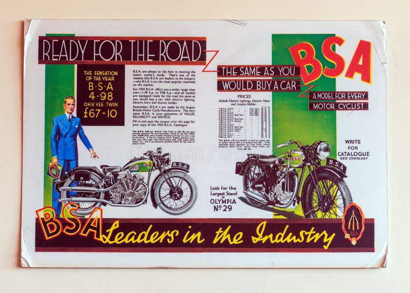 1934 BSA O H V Vee Twin Motorcycle Wall Poster