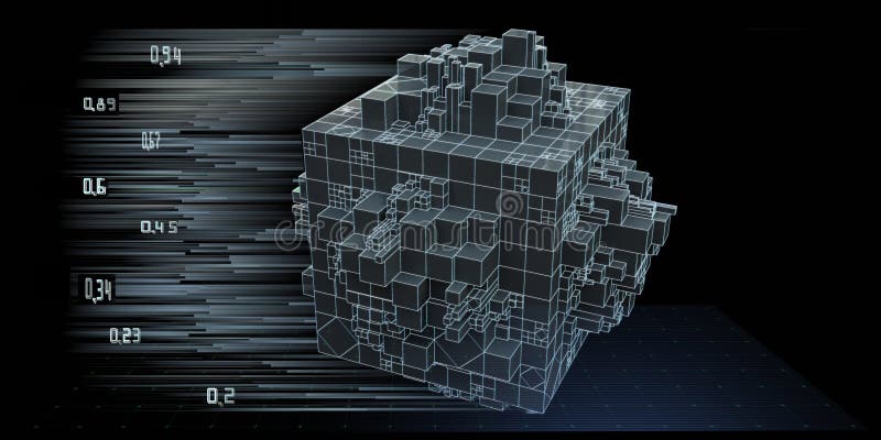 Bstract geometric background with group of 3d cubes and data blurred lines. Concept business and technology template with 3d boxes stock illustration