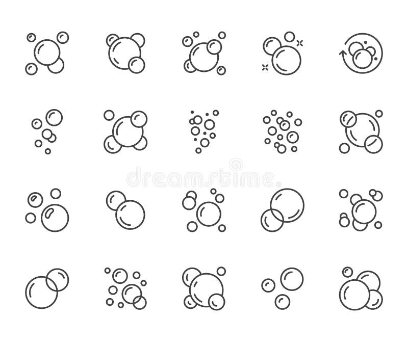 Bubbles flat line icons set. Soap foam, fizzy drink, oxygen bubble pictogram, effervescent effect vector illustrations, outline signs. Pixel perfect 64x64. Editable Strokes. Bubbles flat line icons set. Soap foam, fizzy drink, oxygen bubble pictogram, effervescent effect vector illustrations, outline signs. Pixel perfect 64x64. Editable Strokes.