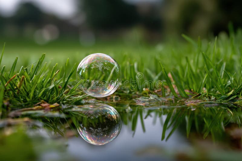 Bubble Floats Over Green Grass Reflecting Its Beauty on a Sunny Day in a Serene Garden Setting Generative AI stock photos