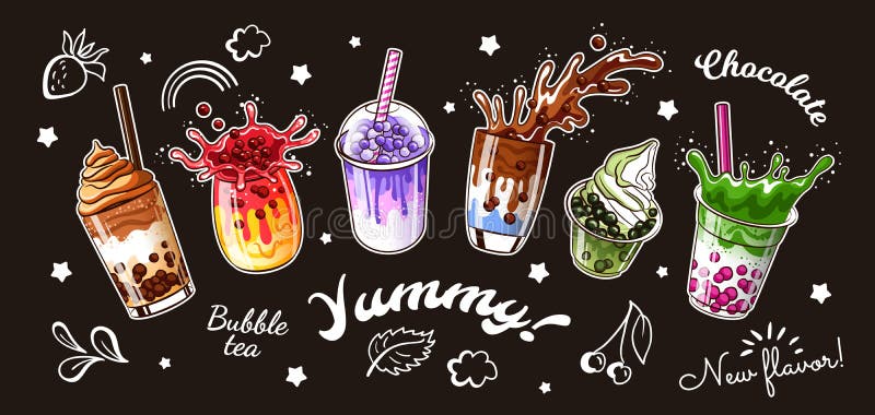 Bubble milk tea poster. Ice coffee cup, milkshake drink, food dessert chocolate mocha cream and cute smoothie on black