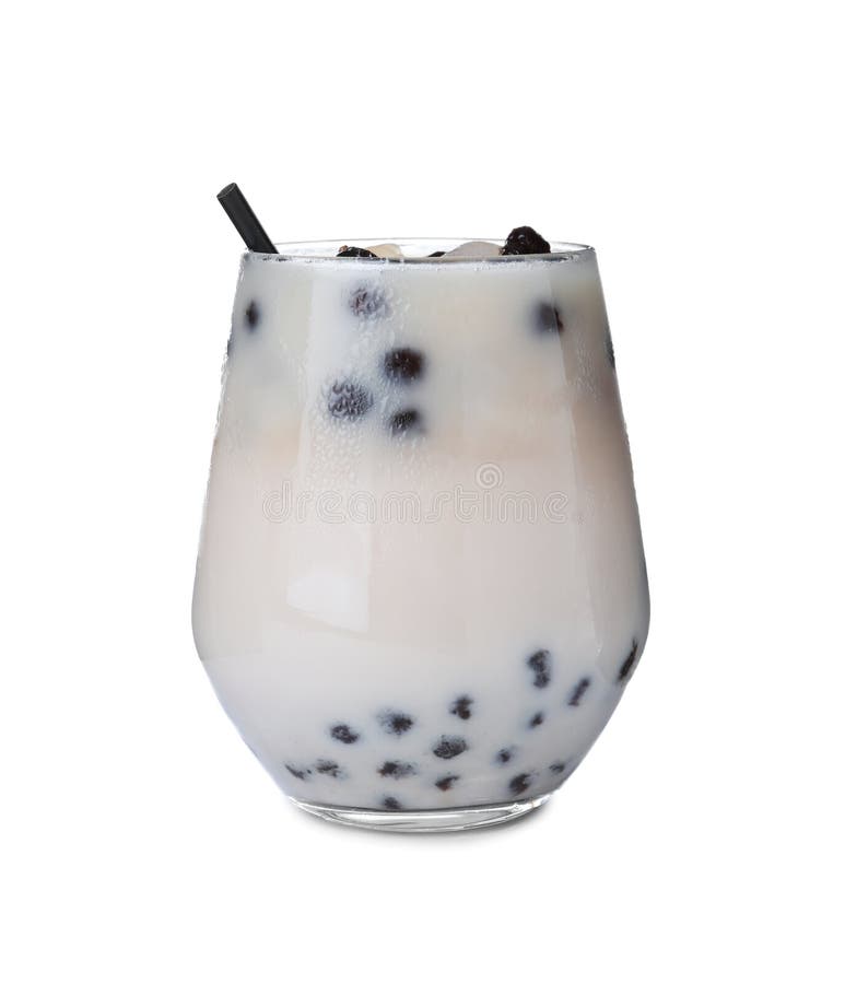 Bubble Milk Tea with Tapioca Balls in Glass Isolated on White Stock