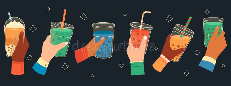 Bubble tea cups in hands. Sweet boba tea, hand holding bubble tea cup, popular taiwanese drink. Hands holding bubble tea