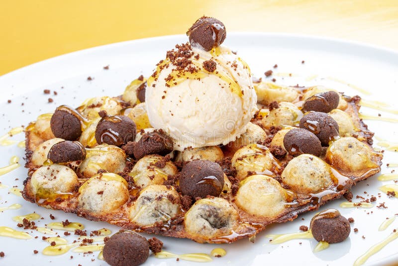 Bubble Waffles with Ice Cream and Chocolate Chip Cookies Stock Photo