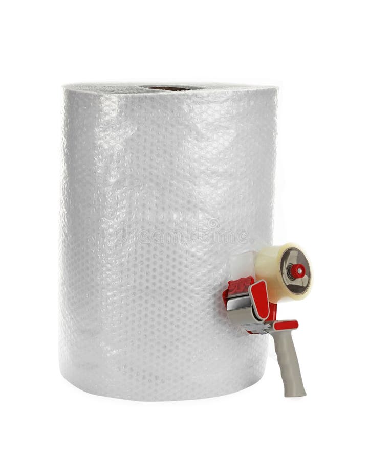 Bubble Wrap Roll and Tape Dispenser Isolated on White Stock Image