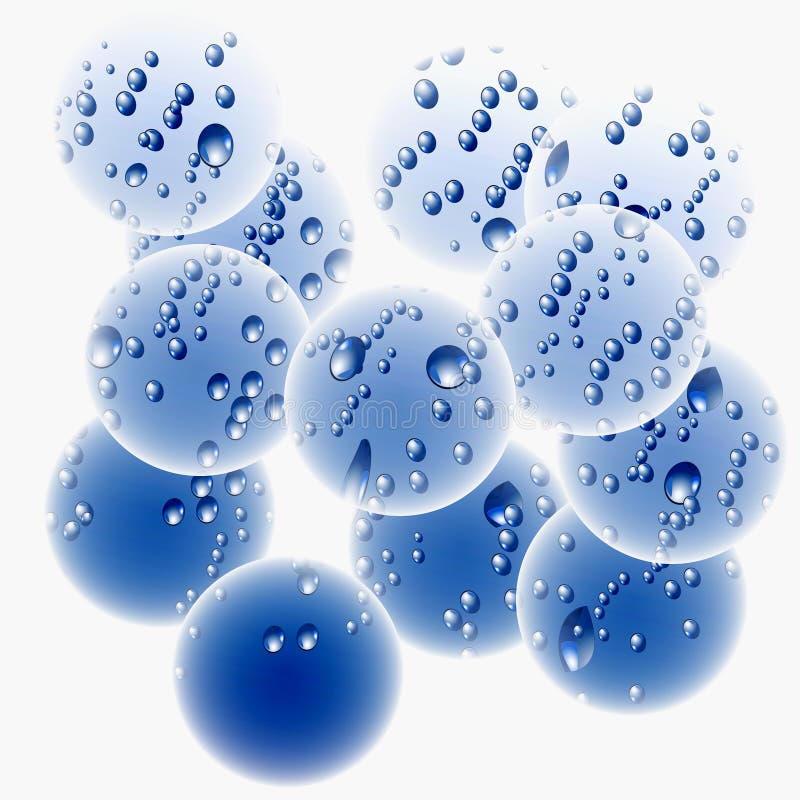 Ilustraciones de fresco, espumoso, flotante azul burbujas Agua gotas en blanco.