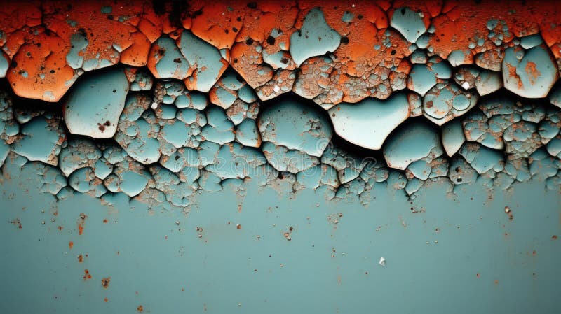 Bubbling grey blue paint peel, cracked grunge metal texture, industrial decay background - generative AI