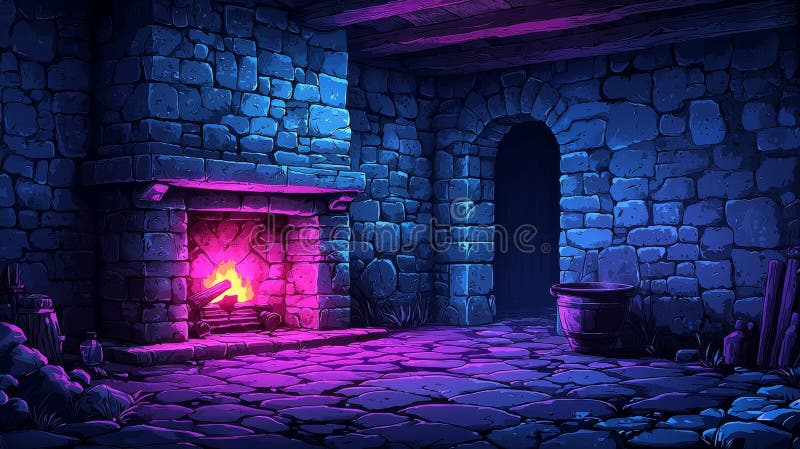 A bubbling magic potion in a cauldron and a mandrake root in a pot. A modern parallax background for 2D animation vector illustration