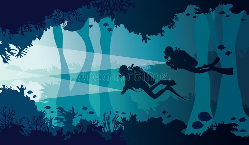 Buceador, linterna, arrecife de coral, cueva subacuática y mar stock de ilustración Buceador, linterna, arrecife de coral, cueva subacuática y mar stock de ilustración