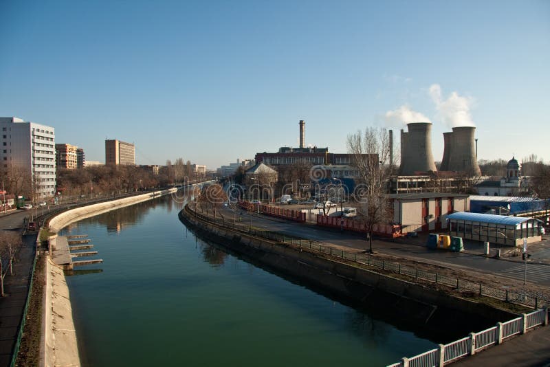 Dambovita river, living flats and power plant