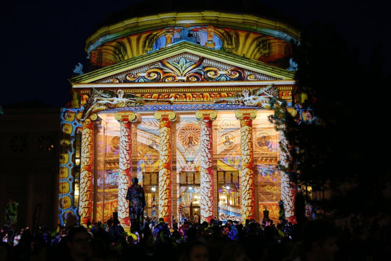 Bucharest Athenaeum at night, festival of lights 2018 stock image Bucharest Athenaeum at night, festival of lights 2018 stock image