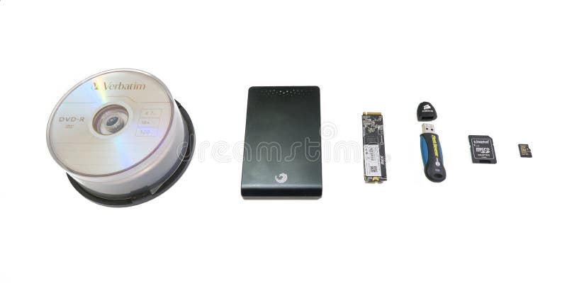 Various storage mediums: DVD disks, external disk drive, internal SSD, flash drive, microSD card, isolated on white background.