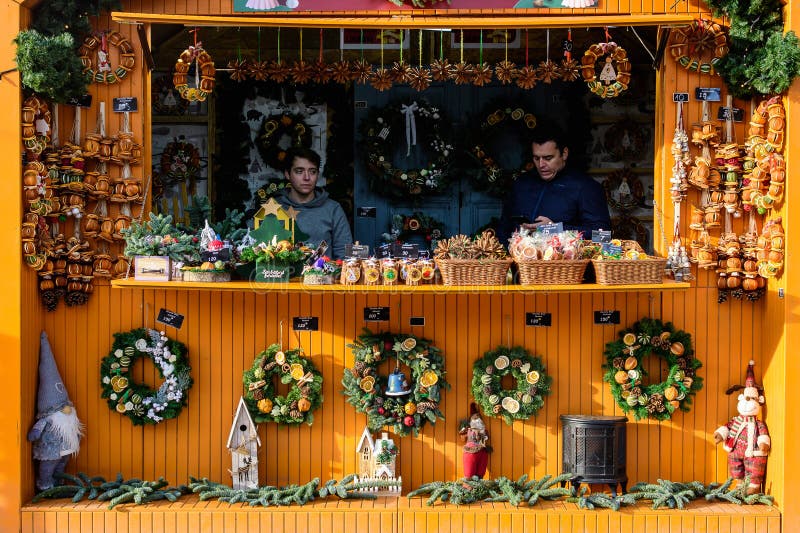 Bucharest, Romania, 30 November 2023: Hand made colorful decorations and gifts displayed for sale at West Side Christmas Market in