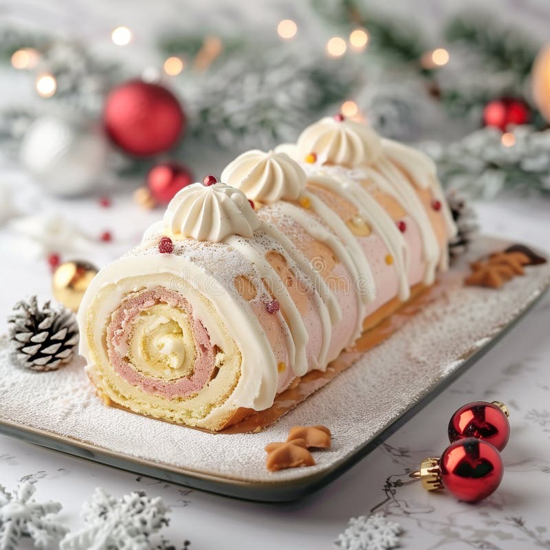 Buche de noel. Weihnachtsdessert. Weihnachtskuchen mit Vanillecreme. durch generative Hilfe stock abbildung