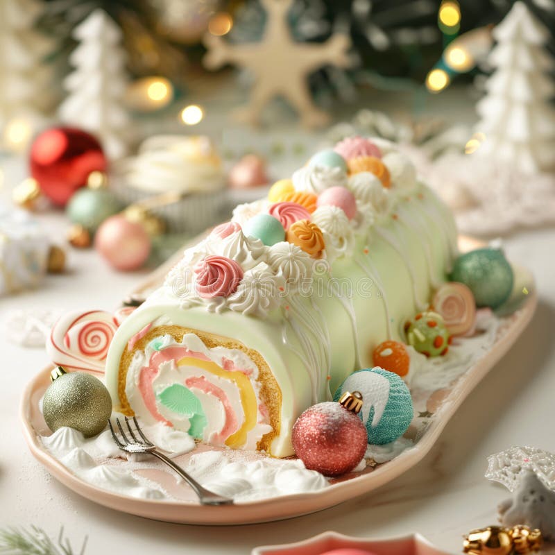 Buche de noel. Weihnachtsdessert. Weihnachtskuchen mit Vanillecreme. durch generative Hilfe stock abbildung