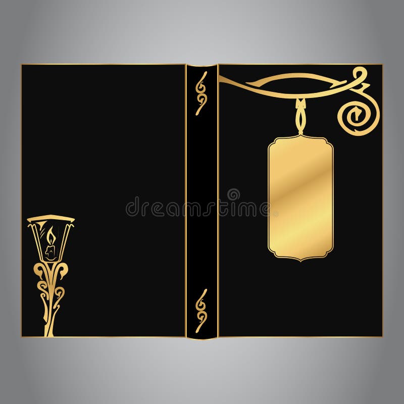 Bucheinband im Schwarzen mit Goldweinleselaterne und -Tag vektor abbildung Bucheinband im Schwarzen mit Goldweinleselaterne und -Tag vektor abbildung