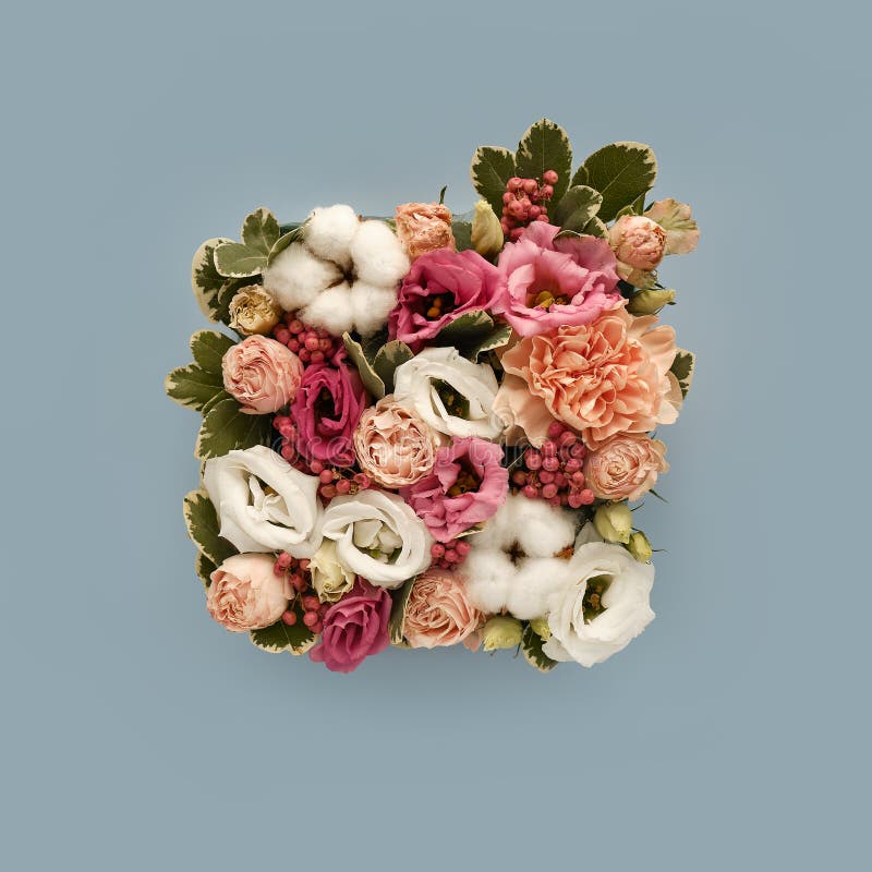 Buchet de flori în stil rustic pe fond albastru. flori de primăvară. design geometric. element buchet pătrat. fotografie de calitate superioară