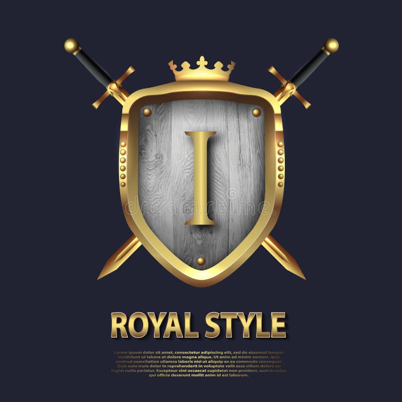 Buchstabe J und zwei kreuzte Klingen und Schild mit Krone Briefgestaltung in der Goldfarbe f?r Gebrauch als heraldisches Symbol d vektor abbildung Buchstabe J und zwei kreuzte Klingen und Schild mit Krone Briefgestaltung in der Goldfarbe f?r Gebrauch als heraldisches Symbol d vektor abbildung