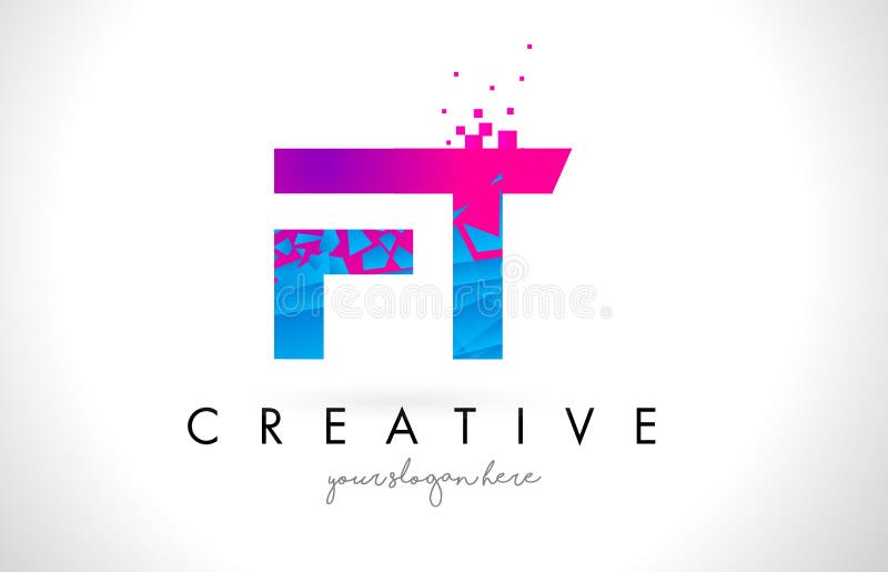 Buchstabe-Logo FT F T mit zerbrochener gebrochener blauer rosa Beschaffenheit Desig