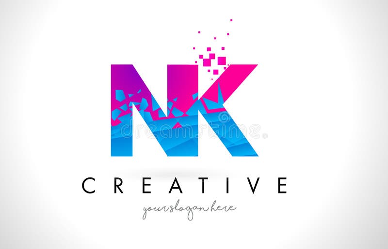 Buchstabe-Logo NK N K mit zerbrochener gebrochener blauer rosa Beschaffenheit Desig