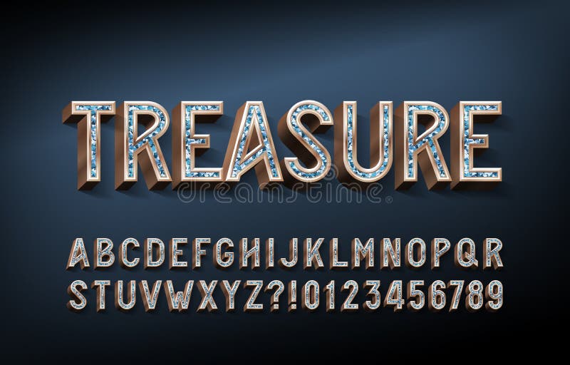 Treasure alphabet font. 3D gold letters and numbers with gemstones. Stock vector typescript for your design. Treasure alphabet font. 3D gold letters and numbers with gemstones. Stock vector typescript for your design.