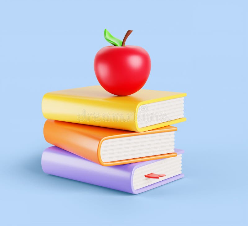 Buchstapel mit rotem Apfel oben. Cartoon 3d rendern Symbol der Literatursammlung mit farbigen Titelseiten und Lesezeichen für vektor abbildung
