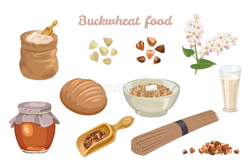 Buchweizenfutterset Blütenpflanze, Buchweizenkörner, Mehl, Haferbrei, Honig, Brot, Veganmilch und Nudeln