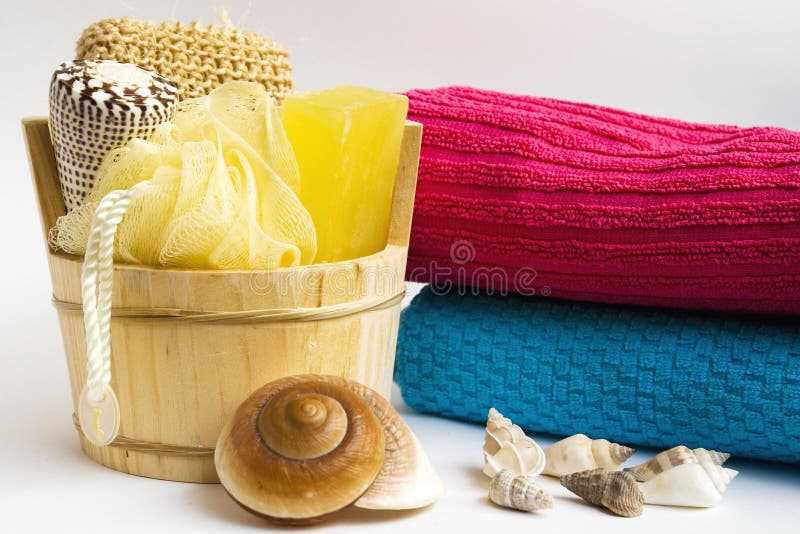 Bucket with Bath Accessories Stock Photo Image of accessories, towels