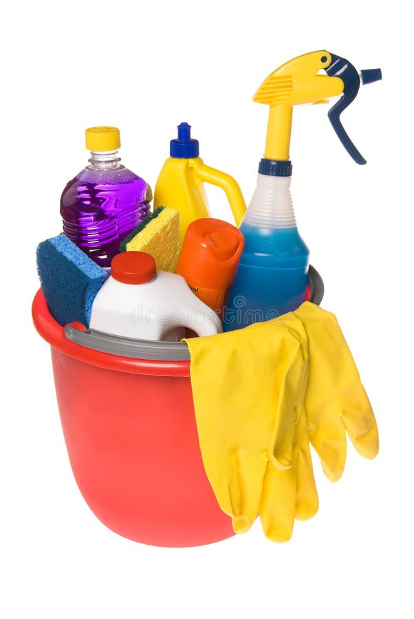 Bucket of cleaning supplies.