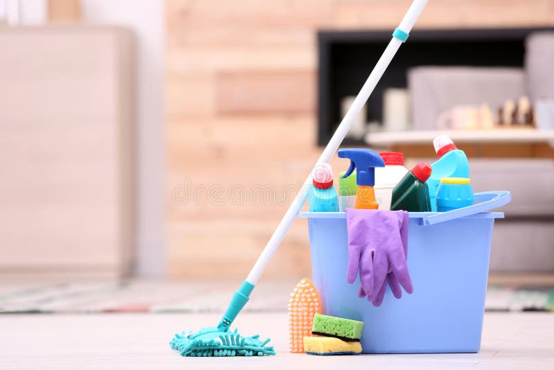 Bucket Toilet Cleaning Supplies Floor Indoors Space Text Stock