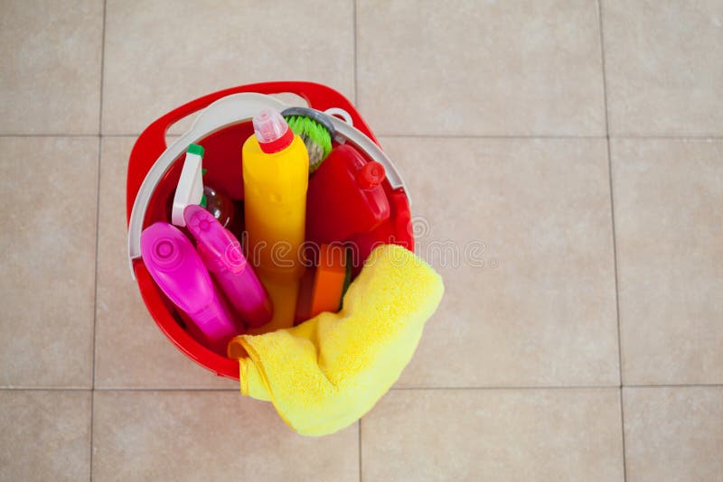 Bucket with Cleaning Supplies on Tile Floor Stock Image Image of