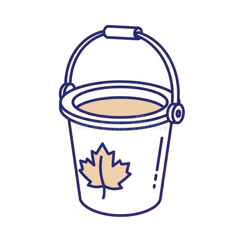 Illustration of a bucket with a handle outlined in blue. The bucket features a maple leaf design suggestive of Canada. It s filled with a beige liquid possibly symbolizing maple syrup. The style is simplistic and cartoon like with clean lines and minimal detail. Maple leaf canada cartoon illustrations
