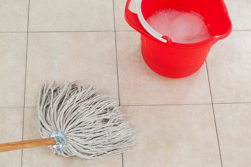 Red Bucket with Foamy Water and Mop the Floor Stock Image Image of