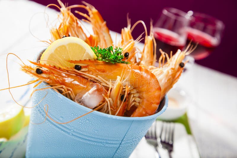 Bucket of King Prawns on Ice Stock Photo Image of prepared, eating