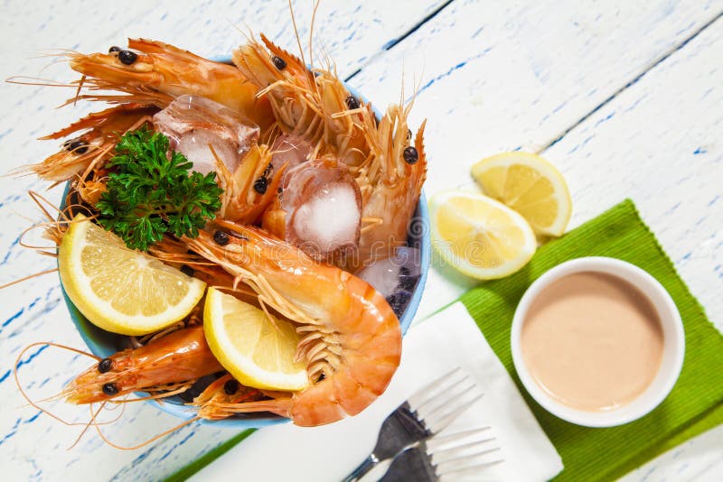 Bucket of King Prawns on Ice Stock Photo Image of copy, horizontal