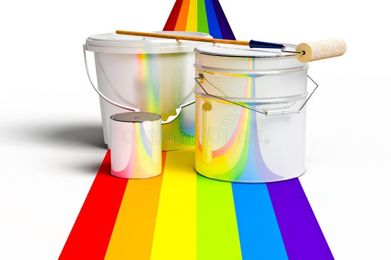 Bucket with paint, roller, and rainbows colors vector illustration