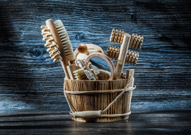 Bucket with vintage sauna accessories