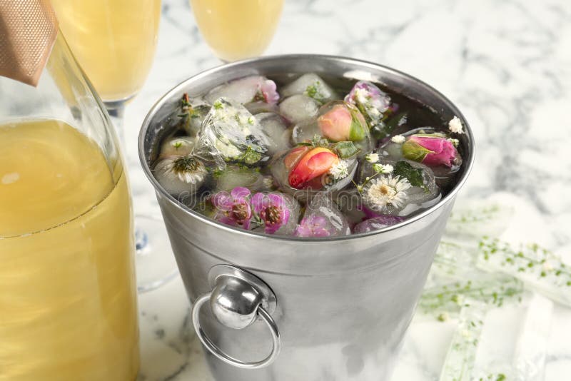 Bucket of Water with Floral Ice Cubes and Champagne Bottle Stock Photo