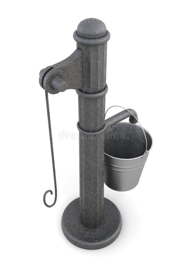 Bucket and Water Pump Isolated on a White Background. 3d Render Stock